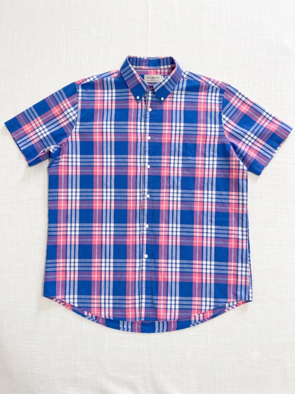 Sun River Mens 2XL Short Sleeve Button Down Shirt Blue Pink Plaid Pocket